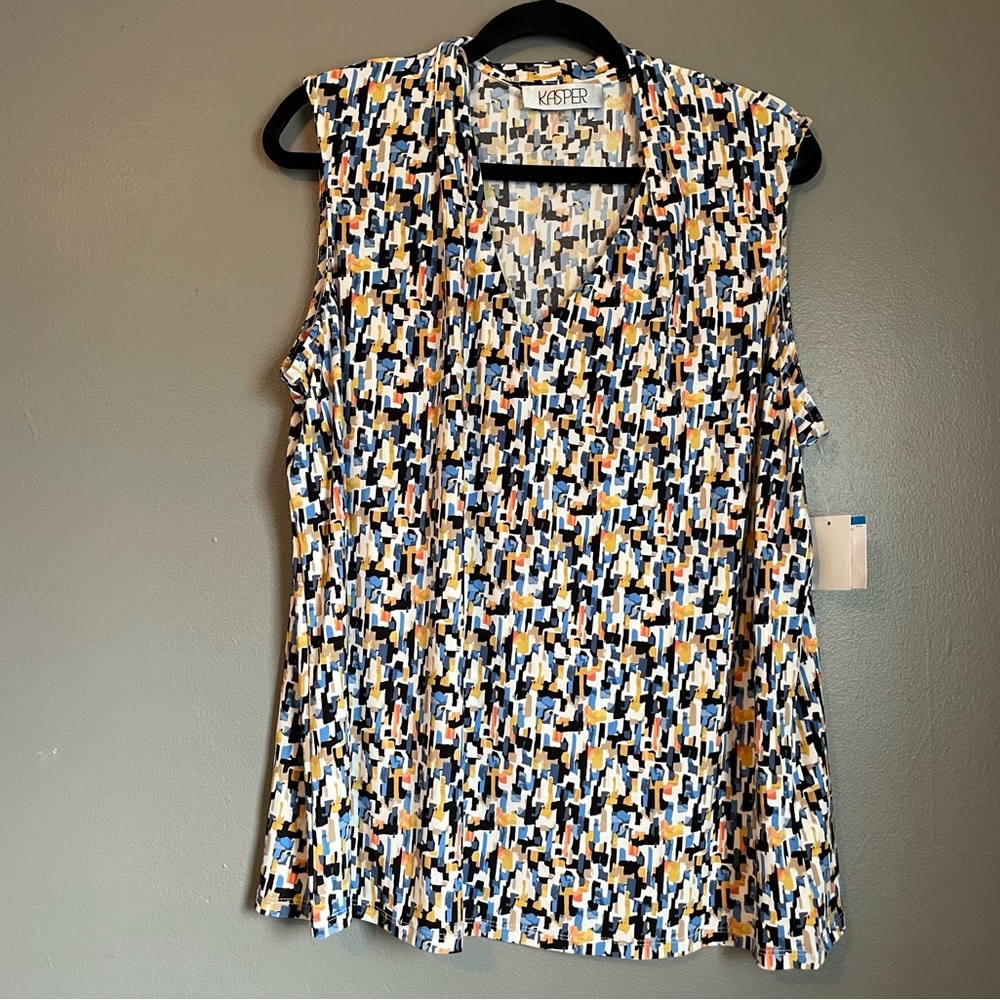 NWT Kasper Sz 1X Womens Blue Orange Pixel Pattern Stretch Dress Shirt Blouse!!